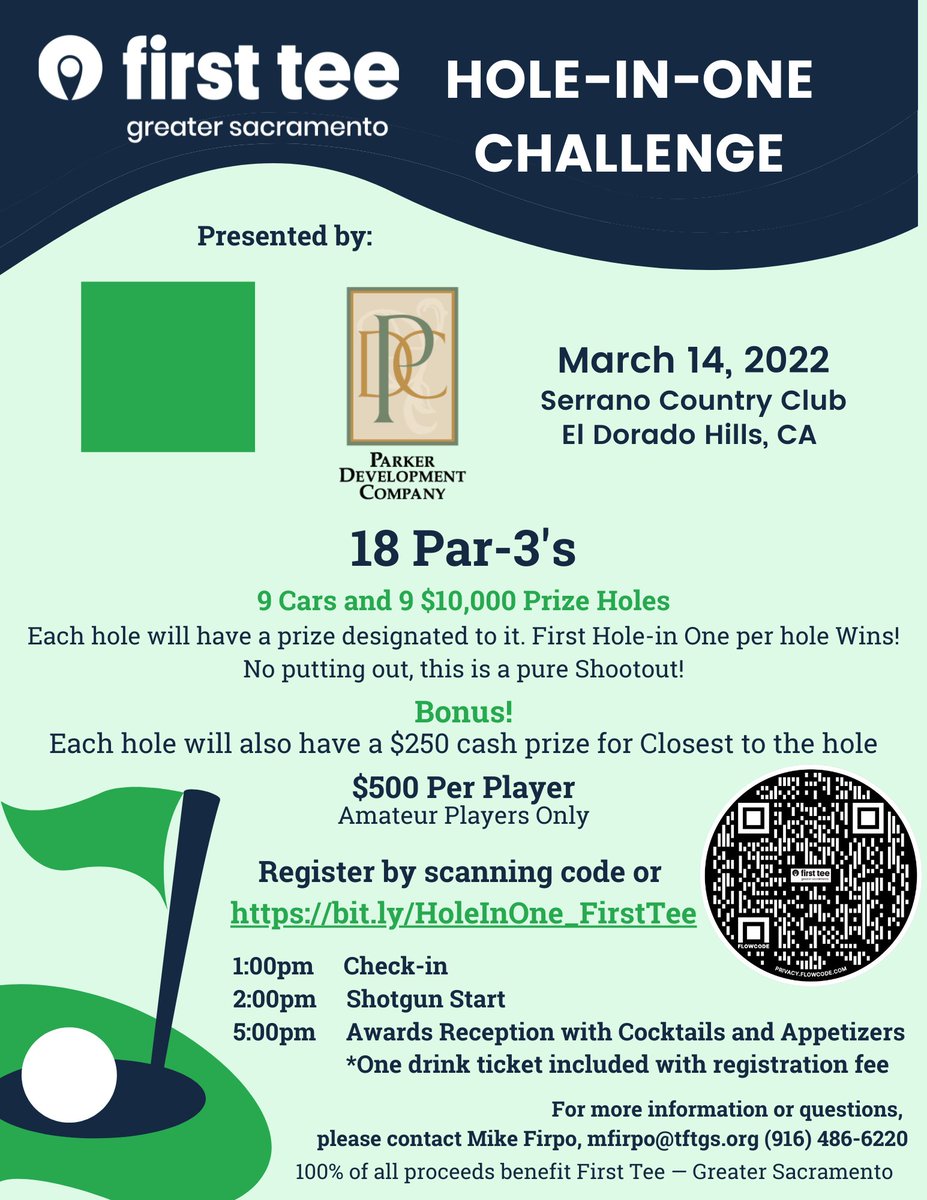 Sign up today as an individual or group. bit.ly/HoleInOne_Firs…
1) 18 shots at a Hole-in-One!
9 cars &amp; 9 $10,000 holes
2) 9 holes 165-175 yards!
     9 holes 135-145 yards!
3) 18 $250 cash Winners for Closest to Pin
4) All pins will be placed in most receptive parts of green.
