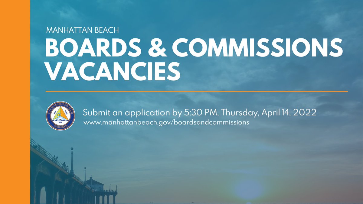 We're seeking community-spirited people to fill vacancies on the City of Manhattan Beach Boards &amp; Commissions! Support your community and help provide guidance to the City Council on key projects &amp; programs. Apply by 5:30 PM, Thursday, April 14, 2022. bit.ly/3oBa7gQ