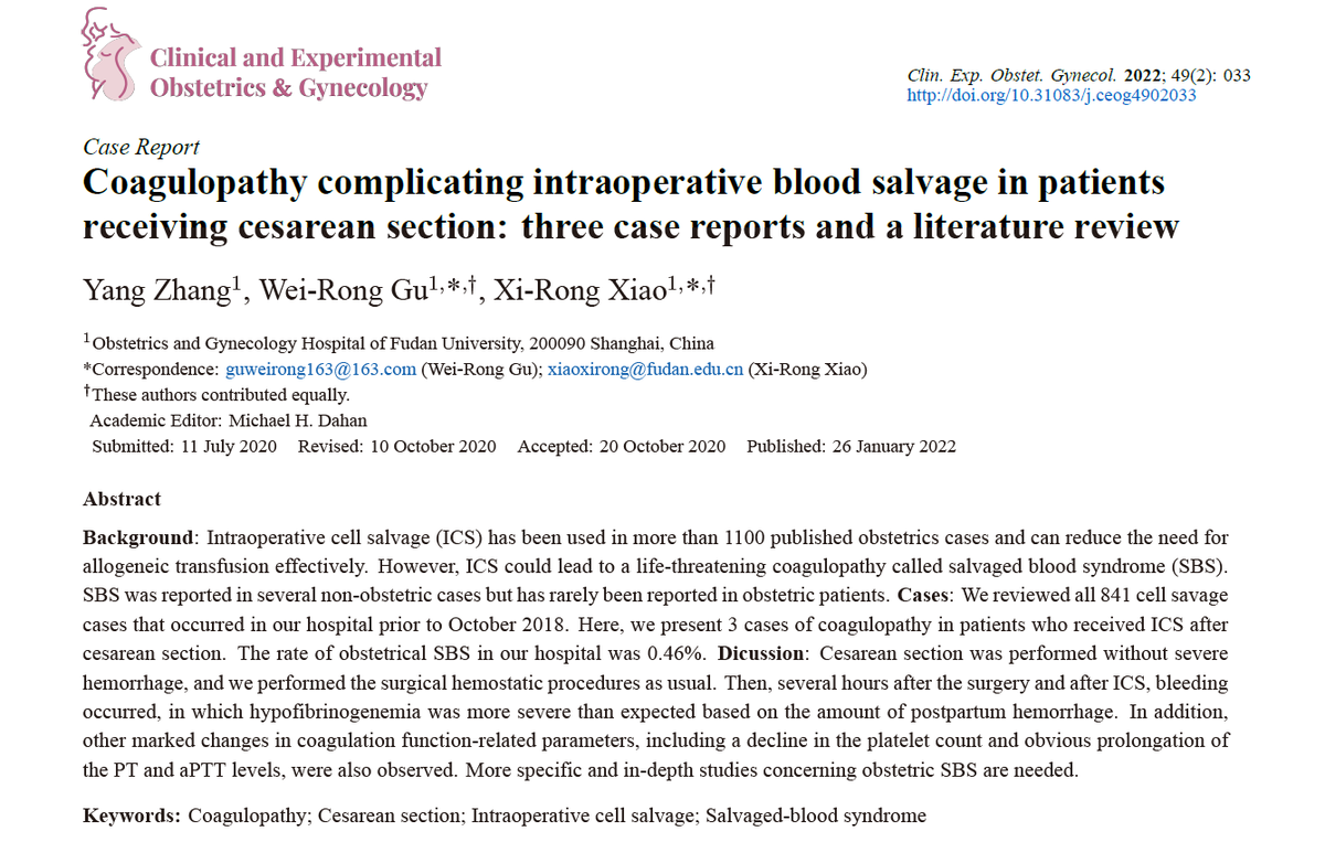 CEOGjournal's tweet photo. New publication
Coagulopathy complicating intraoperative blood salvage in patients receiving #cesarean_section: three case reports and a literature review
Coagulopathy #Cesarean_section
#Intraoperative_cell_salvage
https://t.co/wyOPv7roiX https://t.co/q92eBth5cA