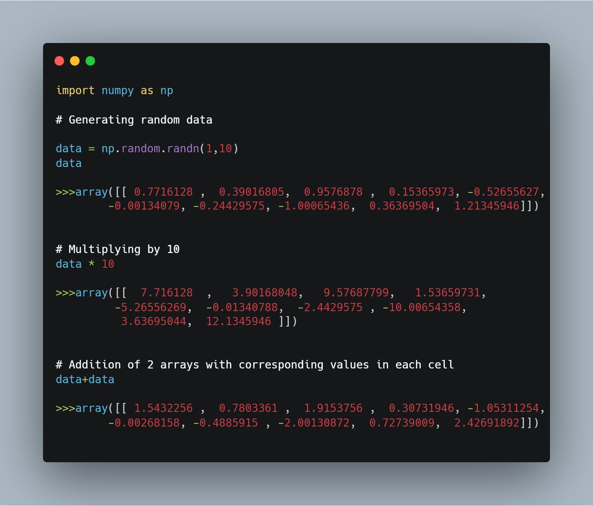veetaragnagave's tweet image. Let us see this in an example, first import NumPy and generate a small array of random data:
#PythonForDataAnalysis