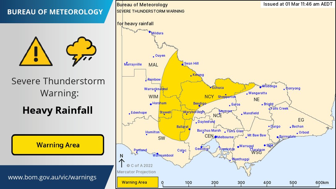 ⚠️ A SEVERE THUNDERSTORM WARNING has been issued for HEAVY RAINFALL that may lead to FLASH FLOODING for storms over northern and central parts of Victoria. #VicWeather
See the latest warning details at: ow.ly/6beh50I6tYc