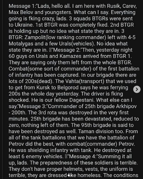 nullagent's tweet image. Allegedly intercepted Russian texts.

For reference a BTG is 600-800 officers.

Via - instagram.com/p/CaifzIvL_BT

#OSINTUkraine