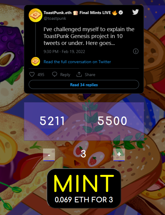 toastpunk's tweet photo. Few more mints left till we shut off public mints. Balance already allocated for IRL collabs.
- Mint on web (3 at a time)
- Mint via contract (up to 20 max)
- Over 60% Gas Optimised contract
- Holders earn $ETH Royalties
#GetThatBread
https://t.co/7vEroyOJZ5 https://t.co/ktq2IBhBw0