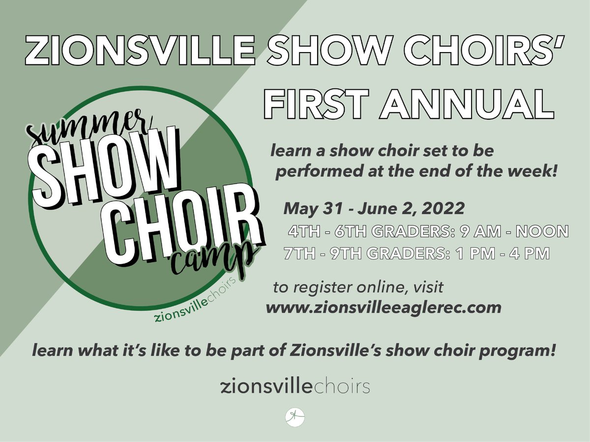 Zchoirs announces our first annual show choir camp for elementary and middle school students. #savethedate <a href="/ZMS_news/">ZMS news</a> <a href="/zwmsnews/">Zionsville West News</a> <a href="/EEZCS/">Eagle Elementary</a> <a href="/PveElem/">Pleasant View Elem</a> <a href="/ZCSUnionElem/">Union Elementary</a> <a href="/ZCSStonegate/">Stonegate Elementary</a>
