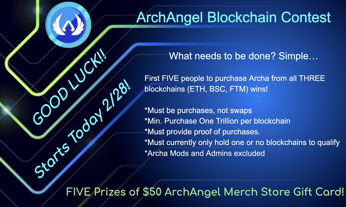 Crypt0_cakes's tweet photo. Scoop up ArchAngel on all three blockchains and you could  be one of five winners! Invest in an epic project, AND own epic #Archa Swag! See details below! @archangel_token https://t.co/MVTYFizL5i