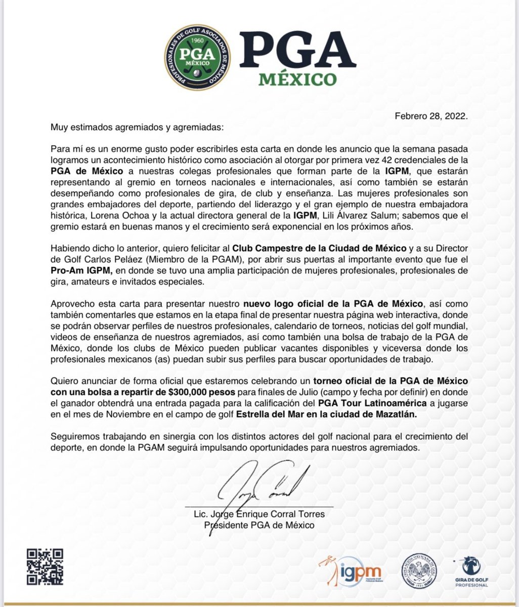 En un esfuerzo institucional sin precedentes, las mujeres profesionales mexicanas contarán con credencial que las acredita como tal. Con beneficios de <a href="/pgamexico/">PGA México</a> <a href="/IGPMGOLF/">IGPM</a> y FMG.

Felicidades <a href="/JorgeCo34891469/">Jorge Enrique Corral Torres</a> <a href="/lilialvarezgolf/">lili alvarez</a> <a href="/wipaquiroz/">AQ</a> y Ricardo Carrillo!

#TodosSomosFederación