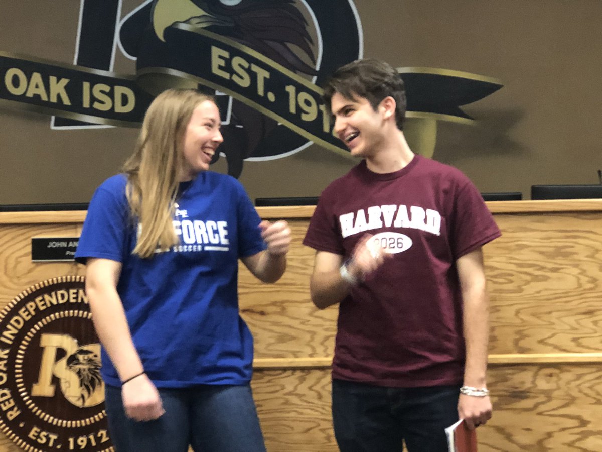 redoakisd's tweet photo. The @redoakisd school board celebrated Megan Fellows, a Congressional Military Academy Nominee, and Saadi El-Saadi, who accepted a full scholarship to Harvard University. https://t.co/zpbexM1egK