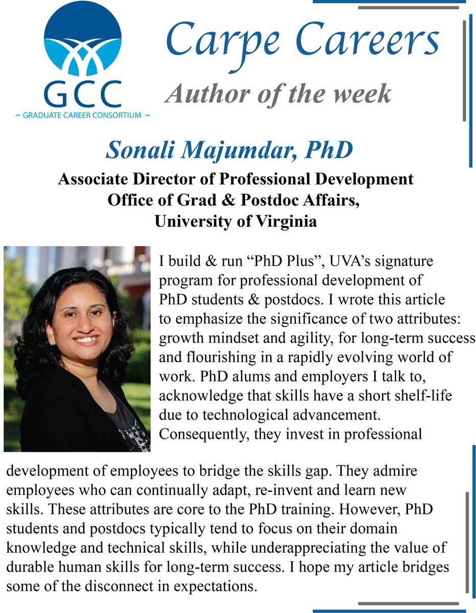 CarpeCareers's tweet photo. This week's @CarpeCareers author is @Sonali_M_19. She completed PhD in Biochem &amp; Mol. Bio @universityofga &amp; postdoc @sloan_kettering before joining @UVA to build #PhDPlus prof. dev. She is @CarpeCareers social media chair &amp; started International Comm. of Practice in @Grad_Careers https://t.co/maSpw9kTpS