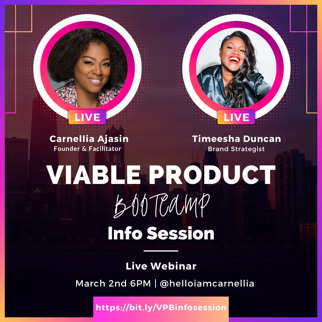 mindkatalyst's tweet photo. Join Carnellia and guest panelist for the Viable Product Bootcamp info session Wednesday March 2nd @ 6pm EST.

You'll hear how this 4-week mentoring program is designed to help you determine if your product idea can it be brought to market!

Register now: https://t.co/YqyAA7TBwi https://t.co/z0kcdR98CD