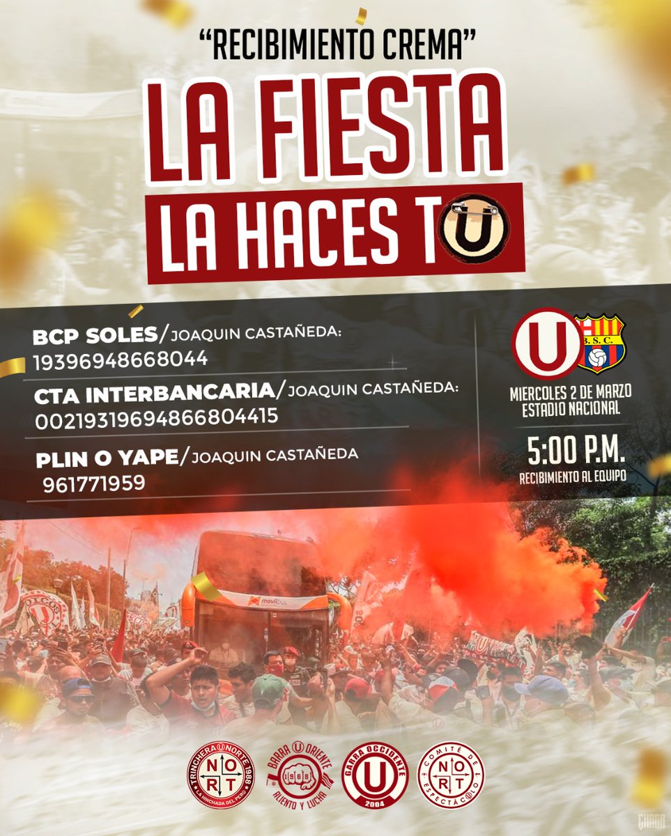 ¡RECIMIENTO CREMA! 

Este miércoles nuevamente nos toca ser esa fuerza que empuja desde la tribuna para hacer que la clasificación se concrete en la cancha. Universitario nos necesita y nosotros te necesitamos para hacer la fiesta.
