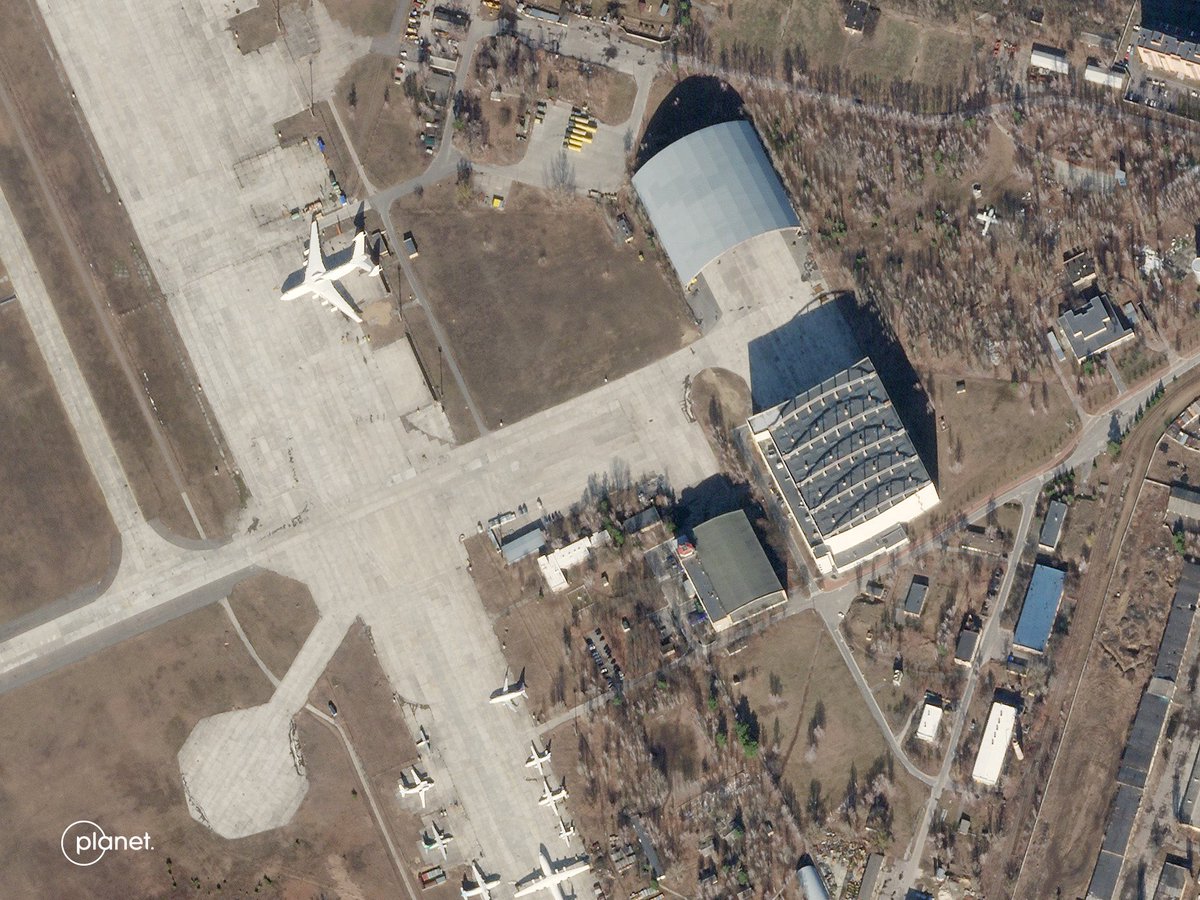 Planet imagery captured on Feb. 20 and Feb. 28 shows the effect of strikes at the Antonov airport in Ukraine, with the An-225 Mriya relocated into a now damaged hangar: