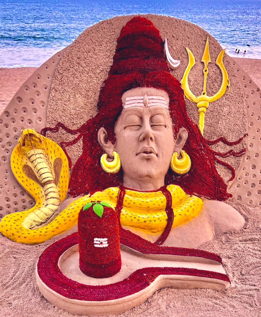 #OmmNamahShivay….🙏
 On the occasion of Maha #Shivaratri, For the first time I have used 23,436 Rudrakshya installed on My Sand art of Lord Shiva at Puri beach .