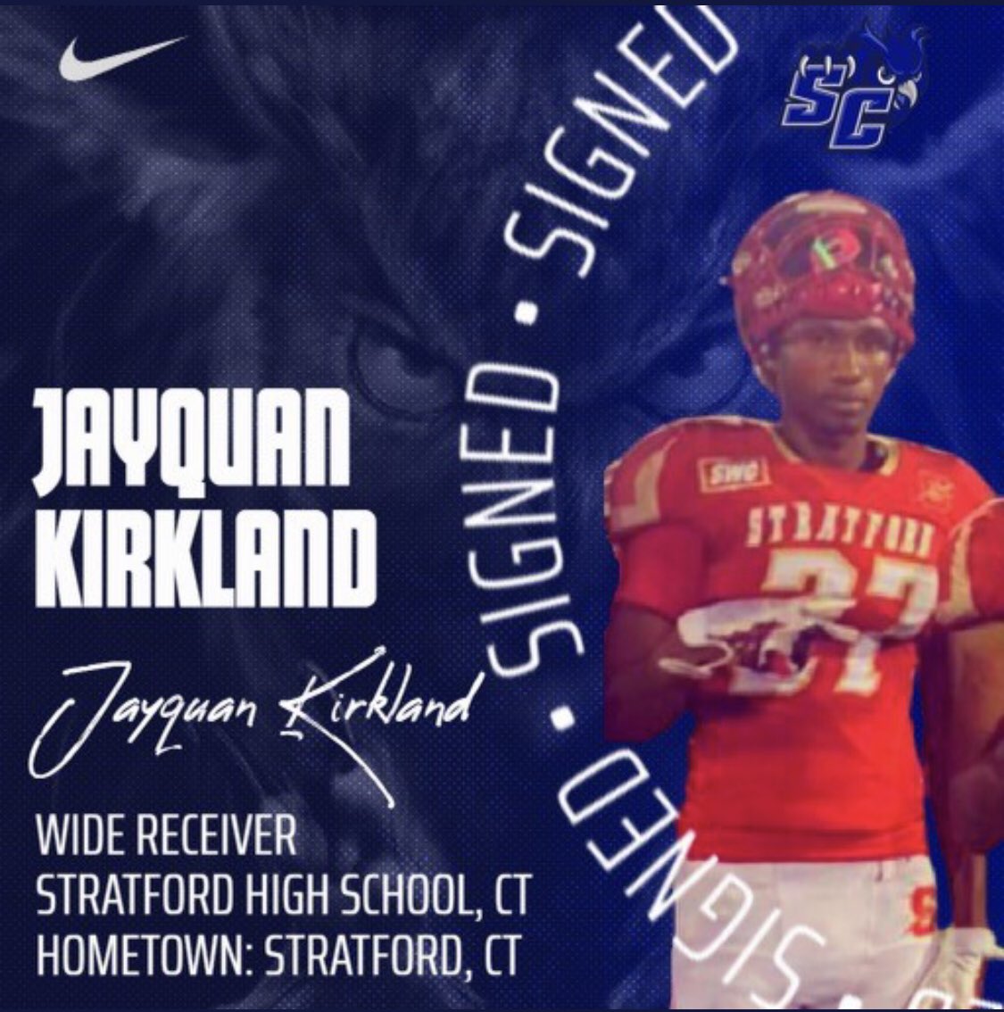 StratfordFootb1's tweet photo. @ConnorSixto @StonehillFB and @staylowquan @SCSUFB both signed football scholarships this month 📝 Excited to announce a couple more college commitments coming soon from our class of ‘22 😈 Class of ‘23 is up on deck, who’s next 👀🏈 #TraditionNeverGraduates #StrengthInNumbers https://t.co/HczKsyKAdU