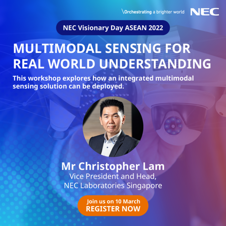 NEC_APAC's tweet photo. Join us at the workshop during NEC Visionary Day ASEAN 2022 to find out how some of NEC's solutions that uses multiple modes of sensing can be better in achieving the real world understanding here: https://t.co/UabMt7n5ad

#NEC #VDA2022 #multimodal #videoanalytics https://t.co/6KeI4uAYaG