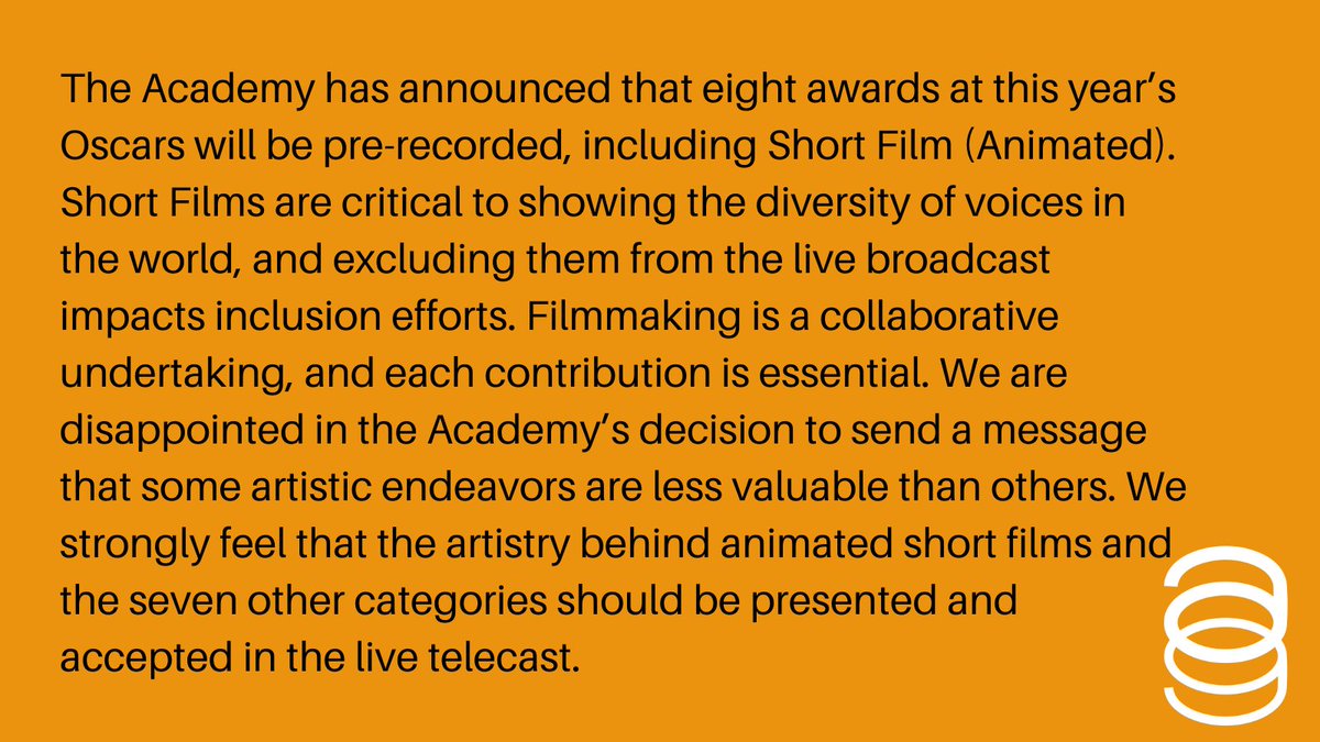 The Executive Board of the #AnimationGuild shares a statement about the recent decision to remove animated shorts and 7 other awards from the live broadcast of the #Oscars ceremony.
@Variety @THR @latimesmovies @DEADLINE @cartoonbrew @ANIMATIONWorld @animag