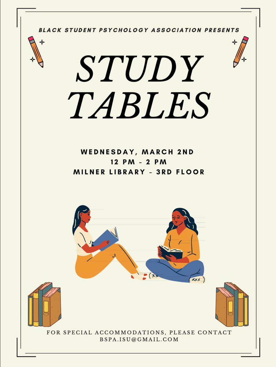 BSPA_ISU's tweet photo. Join the BSPA Exec Board for a study tables this Wednesday 12 pm - 2pm in Milner Library. We cannot wait to see you there!👀 https://t.co/2WzMtxqkaJ