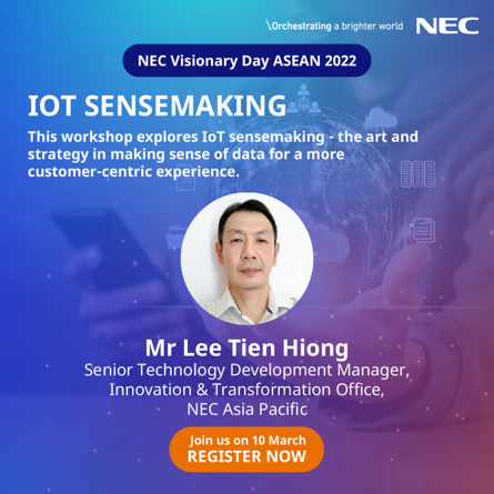NEC_APAC's tweet photo. The Internet of Things (#IoT) is the next stage in the evolution of the Internet. Join our workshop at #VDA202 to make sense out of IoT sand create better services and make experiences more customer-centric. 

Register here: https://t.co/UabMt7n5ad

#NEC https://t.co/Nd3dfqvOxd