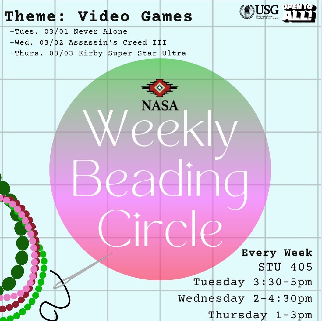 uscnasa's tweet photo. 🪡 Weekly Beading Circle🪡
This week’s theme is video games! We will be discussing video games: Never Alone, Assassin’s Creed III and Kirby Super Star Ultra. See schedule on post. 
All supplies will be provided and it’s not required to be present everyday for the whole time. https://t.co/fzaoSr8V8j