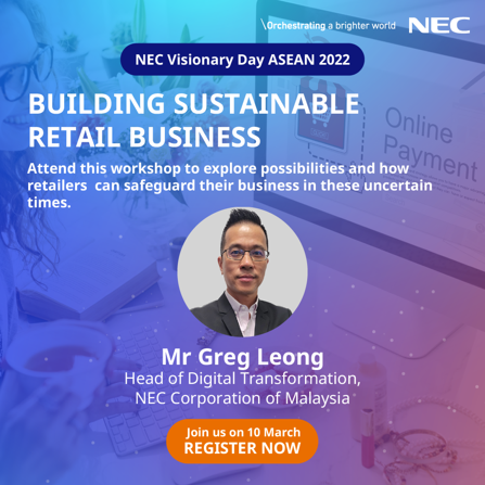 NEC_APAC's tweet photo. Covid-19 caused massive disruption in the #retail industry. Many physical stores are forced to reinvent their operational models. Join our workshop at #VDA2022 to get a glimpse of what is possible, and what retailers can do: https://t.co/UabMt7n5ad

#NEC https://t.co/FvhFcRFQJc