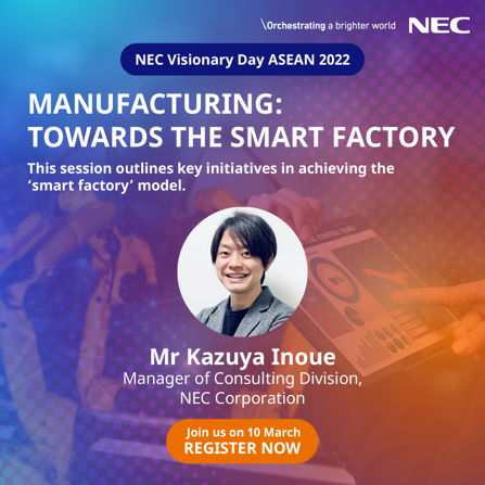 NEC_APAC's tweet photo. Join our workshop at #VDA2022 as we share common problems faced in the #manufacturing industry, and ideal solutions using NEC’s technology. 
*Session will be conducted in Japanese.  

Register here: https://t.co/UabMt7n5ad

#NEC #smartfactory https://t.co/JZ1xWp4QV4