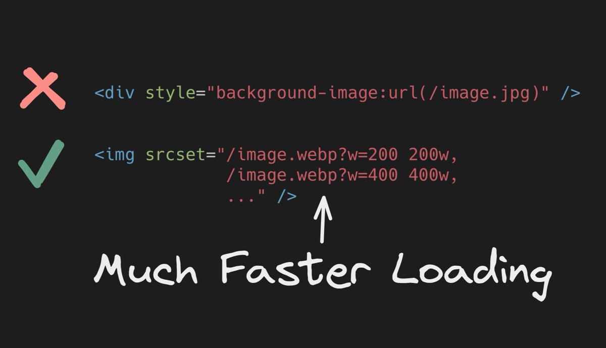 Steve8708's tweet image. Web perf tip: avoid using background-image in CSS
For faster loading images, use &lt;img /&gt; anywhere possible, for better optimization options such as the srcset &amp; sizes attributes