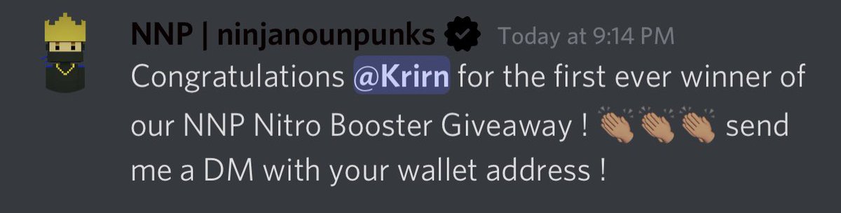 stlthacct's tweet photo. Congratulations to @ krirn - a holder of over 20+ NNPs on winning our FIRST ever NNP nitro booster giveaway 🎉!

Join our discord and come boost over server and get a chance to win an NNP every month!

https://t.co/AYTY0GwRuu

—
#nft #discord #nfts #ninjanounpunks #nnp #nftart https://t.co/xho3Wi2cXM