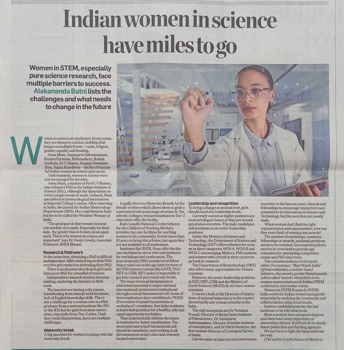 Women in Science have miles to go. My article in todays Deccanherald. <a href="/SciResMatters/">Research Matters</a> 
keep going #allwomeninscience <a href="/vinita_gowda/">Vinita Gowda: Success has never been my weakness</a> <a href="/wisrindia/">Women in STEM Research (WISR) India</a> <a href="/biaswatchindia/">BiasWatchIndia</a> <a href="/minivets/">Manjari Jain</a> <a href="/priti_hebbar/">preeti</a> and many more.