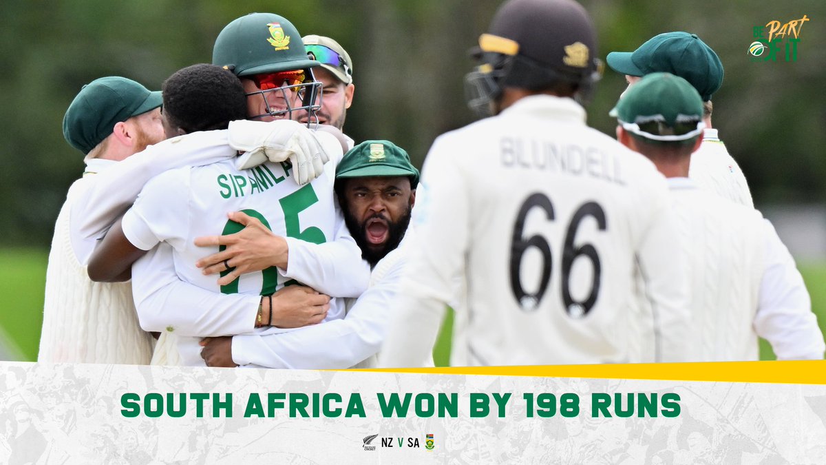ProteasMenCSA's tweet photo. 🚨 RESULT | #Proteas WIN BY 198 RUNS

Keshav Maharaj grabs the final wicket to ensure the #Proteas bounced back in emphatic fashion to claim victory in the second Test and guarantee they leave New Zealand with a drawn series

#NZvSA #BePartOfIt https://t.co/26M3DgfLKg