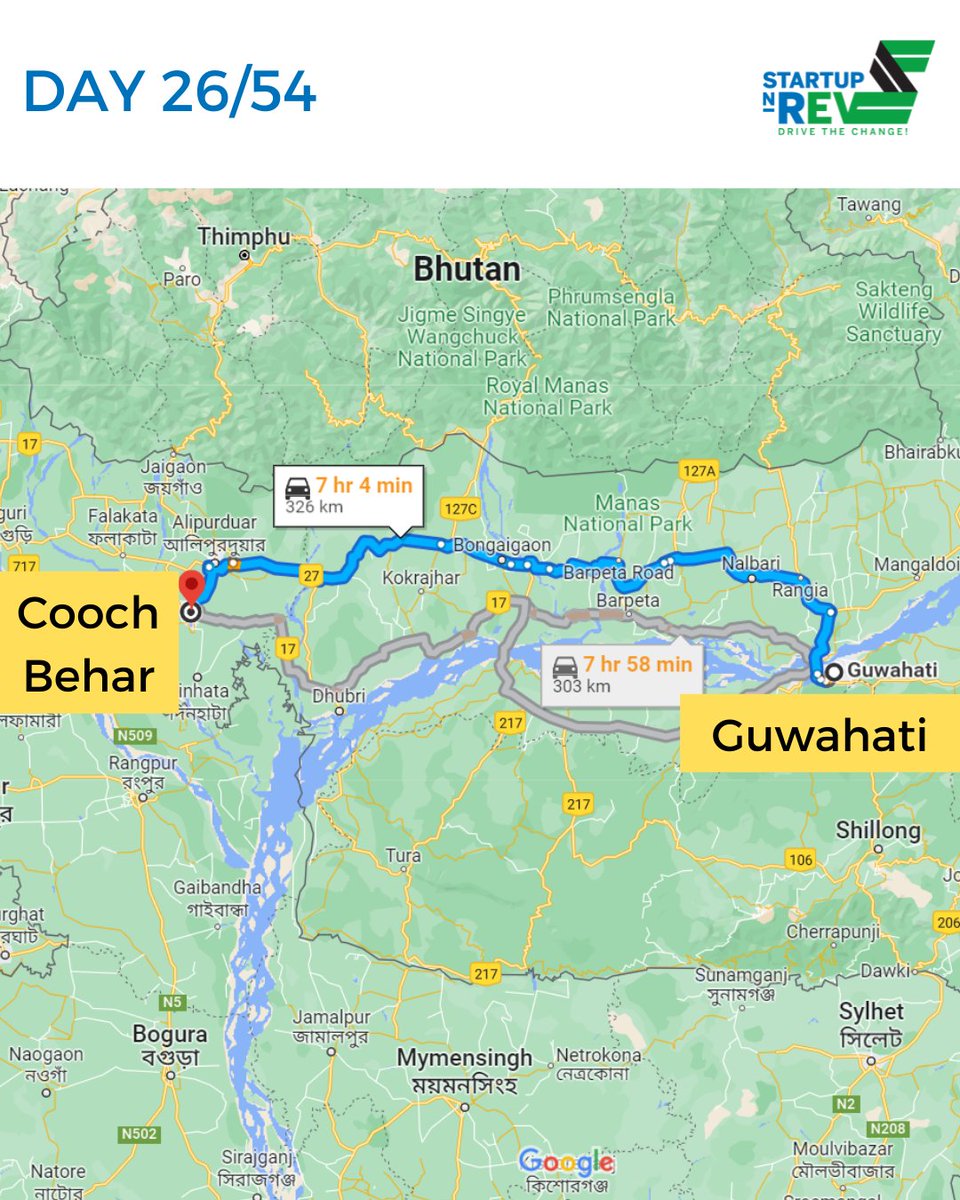 After taking a rest in Guwahati for a day, Bharatmala riders are up and running.

Today's destination: Cooch Behar. 

We will take the next break in Dehradun.

#startupnrev #drivethechange #bharatmalaride #electricbharatmala #indianstartups #roadsafety  #14216kms
