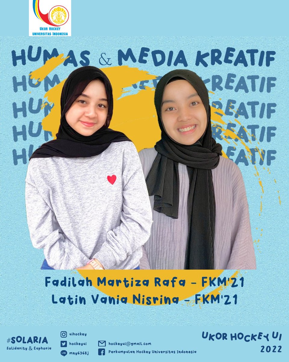 HOCKEYUI's tweet photo. DIVISI HUMAS &amp; MEDIA KREATIF 🎨
PJ: Fadilah Martiza Rafa - FKM’21
Staf: Latin Vania Nisrina - FKM’21

Semoga rasa kebersamaan dan tanggung jawab akan selalu tertanam di dalam diri kami. Selamat bertugas 💥

#GFWUI
Solidarity &amp; Euphoria
Ukor Hockey UI 2022 https://t.co/O7IJjk9ipZ