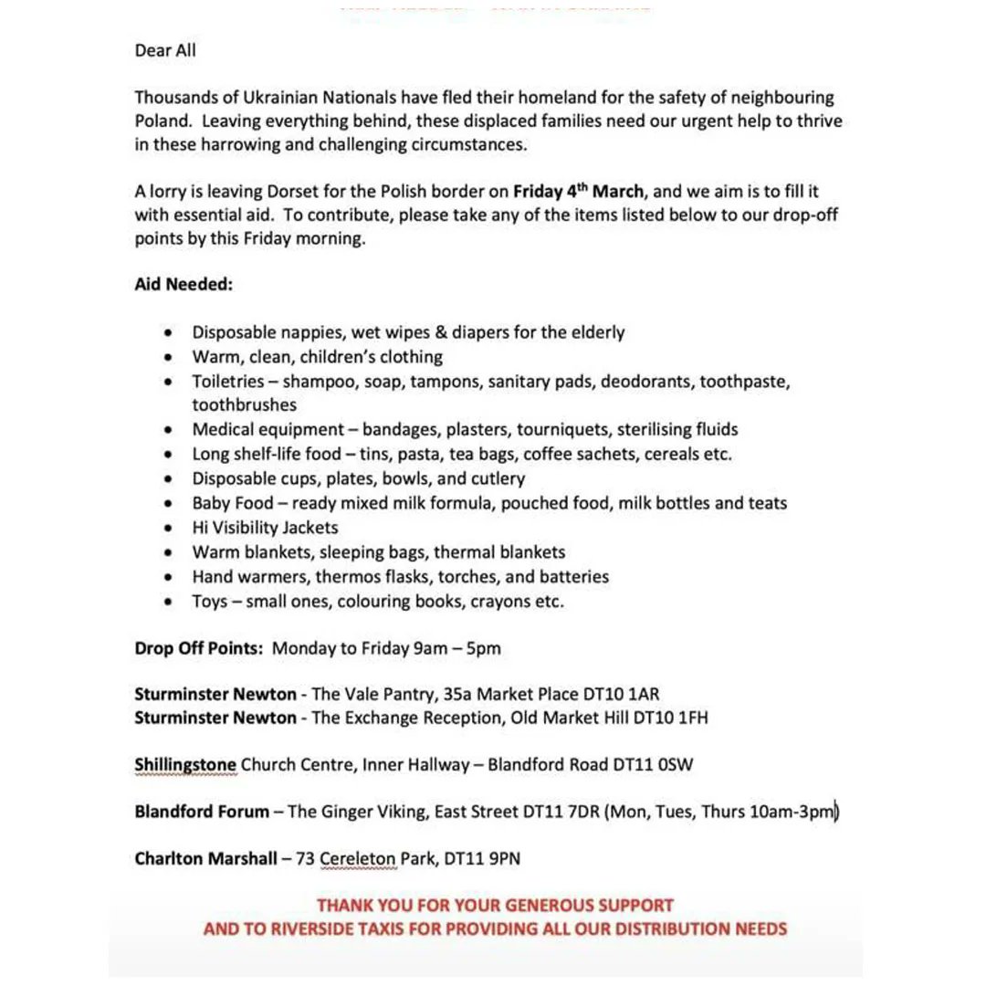 Farnfields_Sols's tweet photo. Farnfields are assisting with the Ukraine Appeal β please bring your donations to our Gillingham office by 5pm on Thursday so that we can transport them to the collection point on Friday morning. (Swipe right on the image for more info)
#ukraine #helpukraine #essentialaid https://t.co/5DrKceZseg