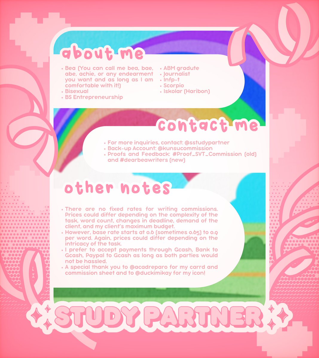 sstudypartner's tweet photo. β¦. Welcome to my space! I'm Bea and I'm a ghostwriter based in the PH, if you have an academic struggle I can be a big help! .β¦
π Academic Profile β https://t.co/dad7CyL3A3
π Proofs β #Proof_SVT_Commission (old)
#dearbeawrites (new) https://t.co/swckjfA6Ob