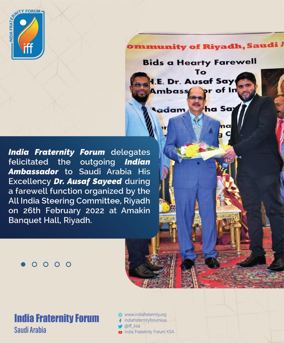 fraternity_ksa's tweet photo. India Fraternity Forum delegates felicitated the outgoing Indian Ambassador to Saudi Arabia His Excellency Dr. Ausaf Sayeed @drausaf during a farewell function organized by the All India Steering Committee, Riyadh on 26th February 2022 at Amakin Banquet Hall, Riyadh.
#India https://t.co/FijOlATv5h