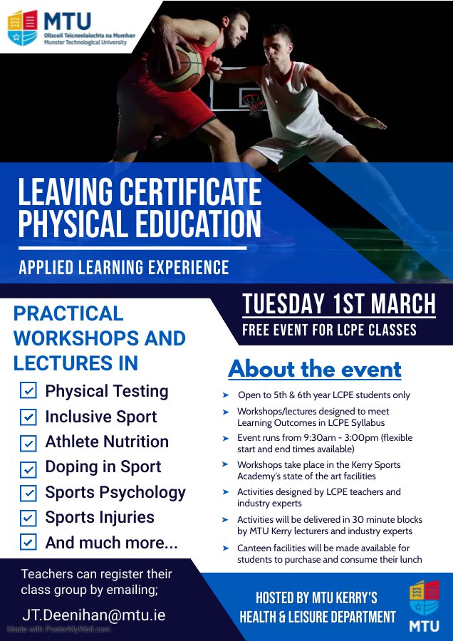 KateFeeney3's tweet photo. Looking forward to welcomimg schools studying Leaving Certificate PE today to @MTU_ie Kerry Campus as Health &amp; Leisure Dept staff aim to support and enhance student learning in the subject 🤗

#LCPE https://t.co/vgClWmhJ2M