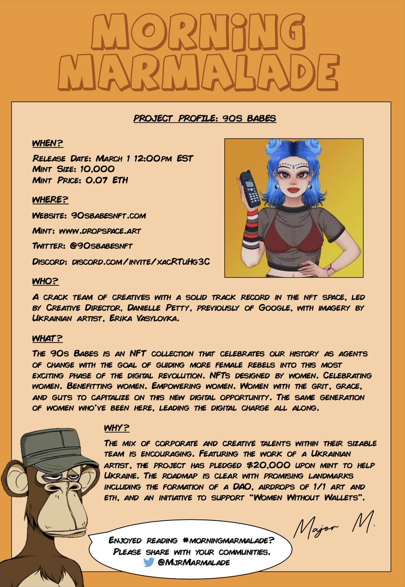 A few notes on a cool project minting today. I'm not affiliated, but really like the ethos. If you find it helpful, tag and share. #MorningMarmalade #NFT #NFTMinting #Crypto <a href="/90sbabesnft/">90s Babes</a> <a href="/pettycash777/">Danielle Petty</a> <a href="/vasylovka/">Hi_Erika</a> <a href="/kgoodyNFT/">Thrifty Goodwill</a> <a href="/Steveospirals/">Steveo Spirals</a>