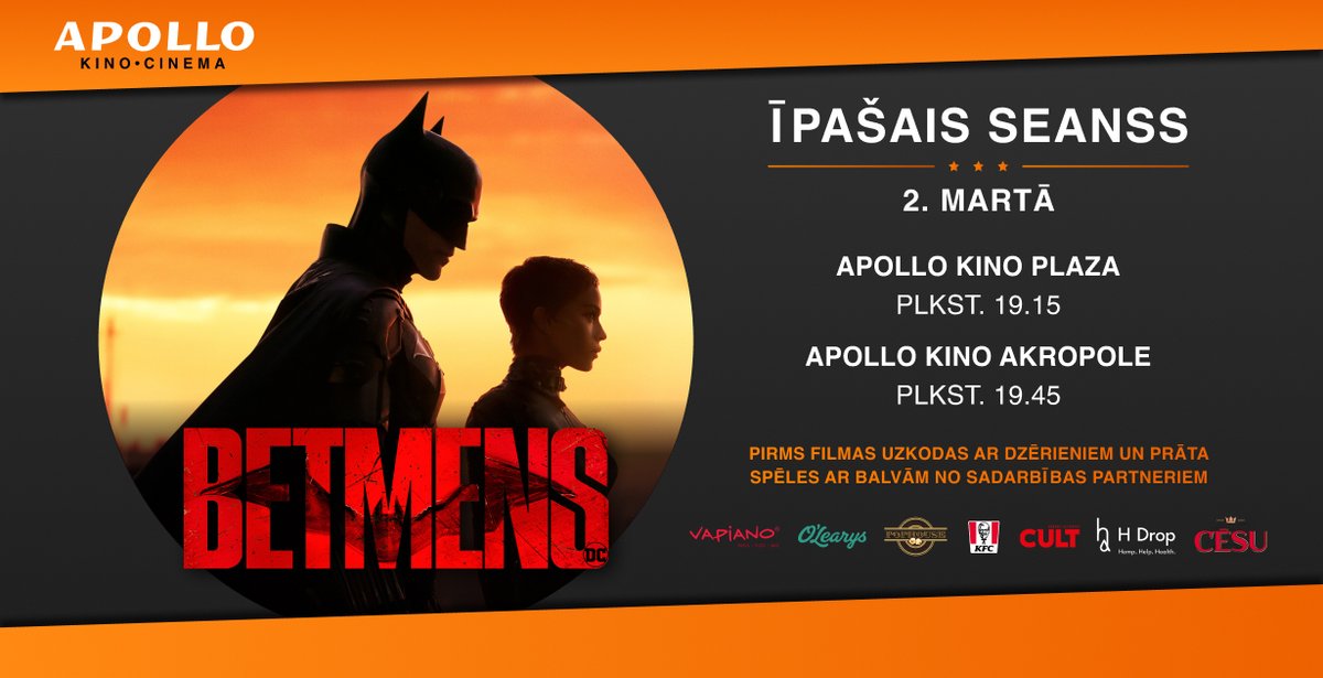 Apollo Kino īpašais seanss - BETMENS. Un pirms tā sākuma iespēja piedalīties mūsu spēlē un iegūt vērtīgas balvas :)

INFO facebook.com/events/3391672…