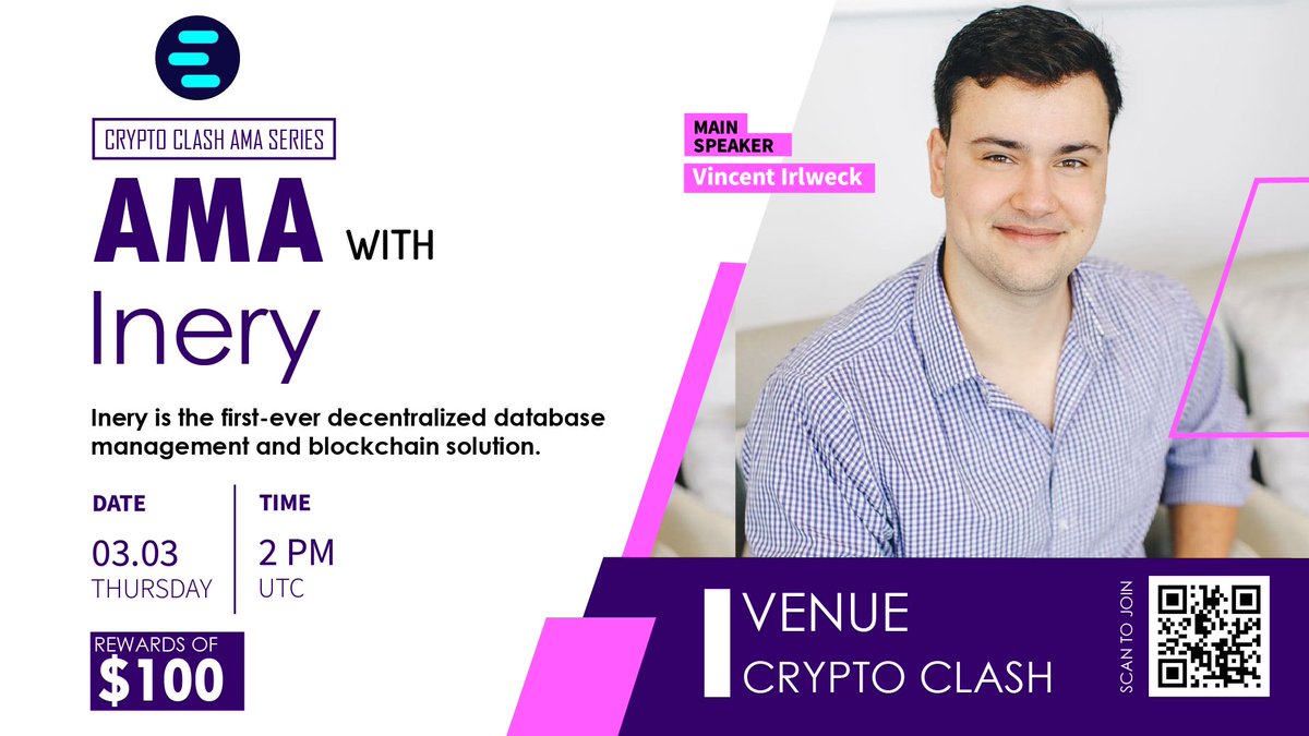 ⚔️AMA Series With Inery 

🎁Prize: $100 BUSD
📆Date: March 3rd 2022 2 PM UTC 
🏨 Venue: t.me/cryptoclash0

〽️ Rules:

1️⃣. Follow 
<a href="/CryptoClash1/">Crypto Clash</a>
  &amp;
@IneryBlockchain

2️⃣. Like Retweet &amp; Comment Your Questions (5 Questions Max) Tag 3 friends.