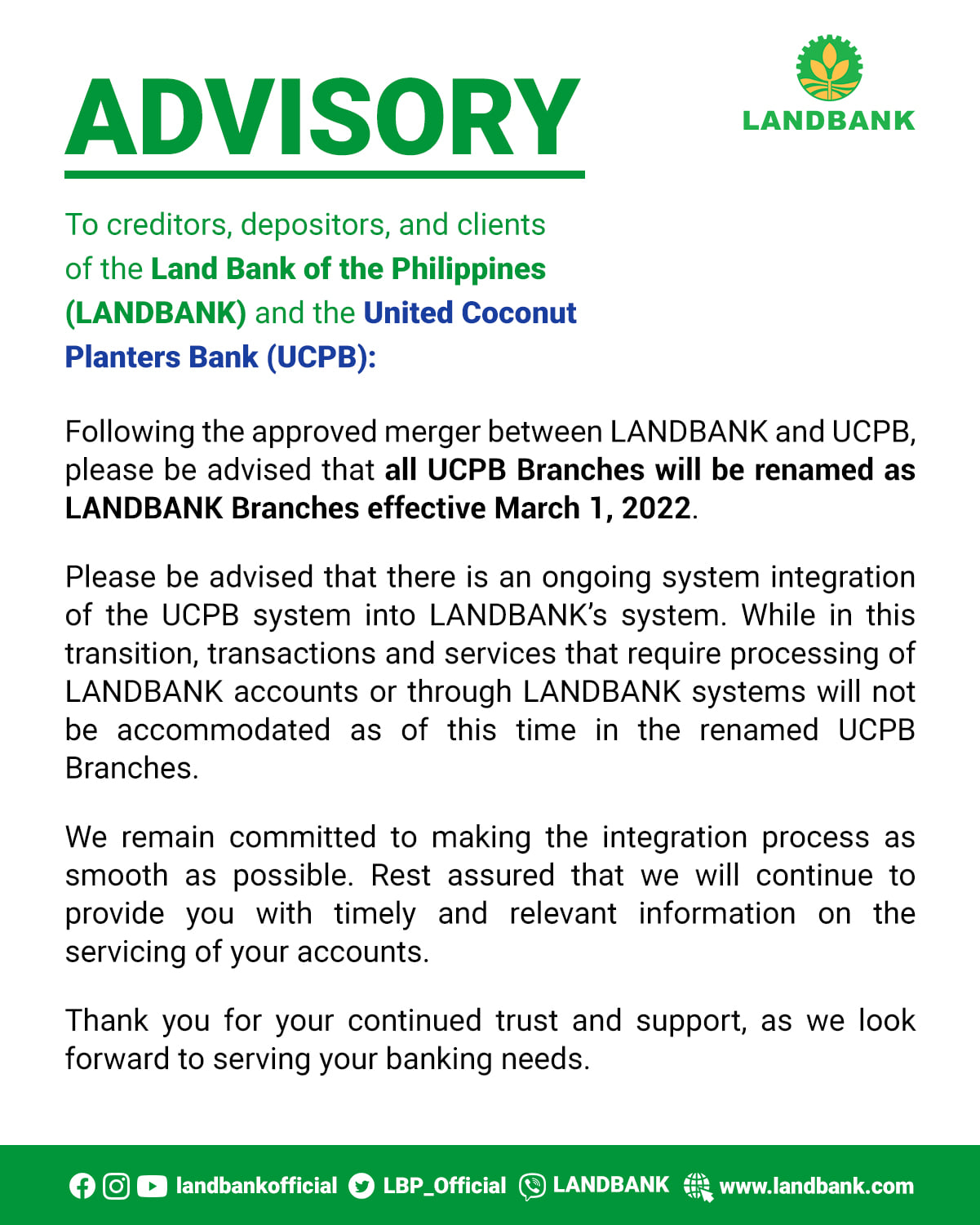 ABSCBN News on Twitter "ADVISORY UCPB branches will now be named