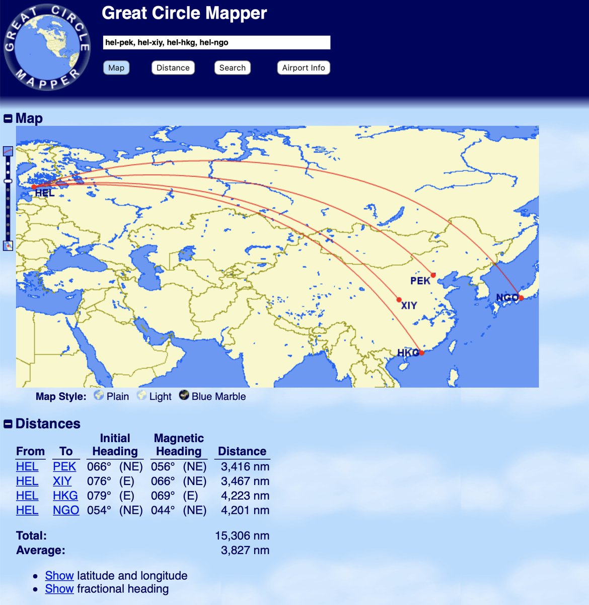 thatjohn's tweet photo. With Finnair cancelling much of its bread-and-butter east Asian network, I'm running some routings this morning on how Finnair would have to serve these routes without overflying Russia.

Let's take as our example Helsinki-Beijing, Great Circle 3416nm. Takes just under 8h. https://t.co/KhjKEdFOch