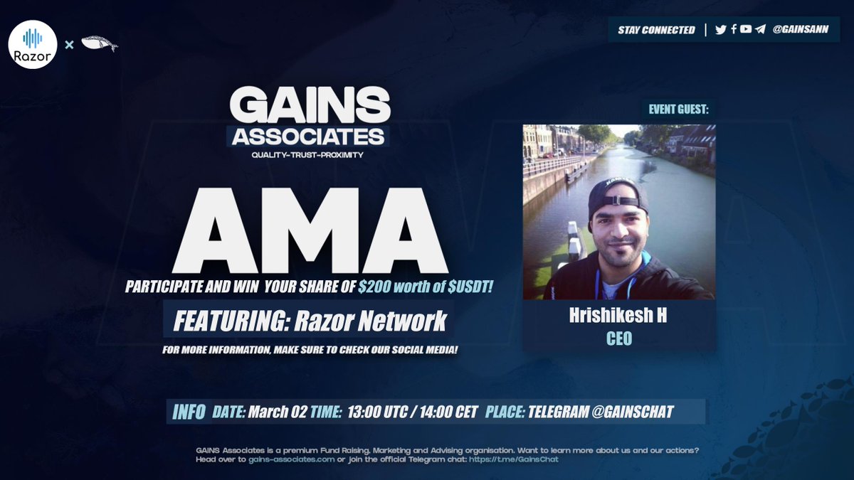 GainsAssociates's tweet photo. Welcoming Hrishikesh from @razor_network—QUIZ &amp; AMA

Ask questions below and on Telegram (https://t.co/DcmemHrUYp) on 03-02-2022 at 13:00 UTC for a chance to win your share of $200 worth of $USDT

In order to win, RT this message, tag 2 friends &amp; follow 
@razor_network

#GainsAMA https://t.co/WrAd7D7eDI