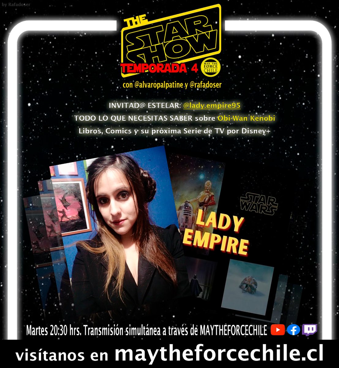 maytheforcecl's tweet photo. PRIMER #MARTES  DE #MARZO ES: 

⭐ #TheStarShow ⭐ 

Invitada especial:
⭐ @lady.empire95 ⭐

Velo y comenta 🔴 #envivo - 20:30 hrs ⏰
📺 #YouTube
🔵 #Facebook
👾 #Twitch
Links: https://t.co/FfeO3aBK3J 🔗

Siempre desde cierto punto de vista con @rafadoser y @alvaropalpatine. https://t.co/tflCrO1337