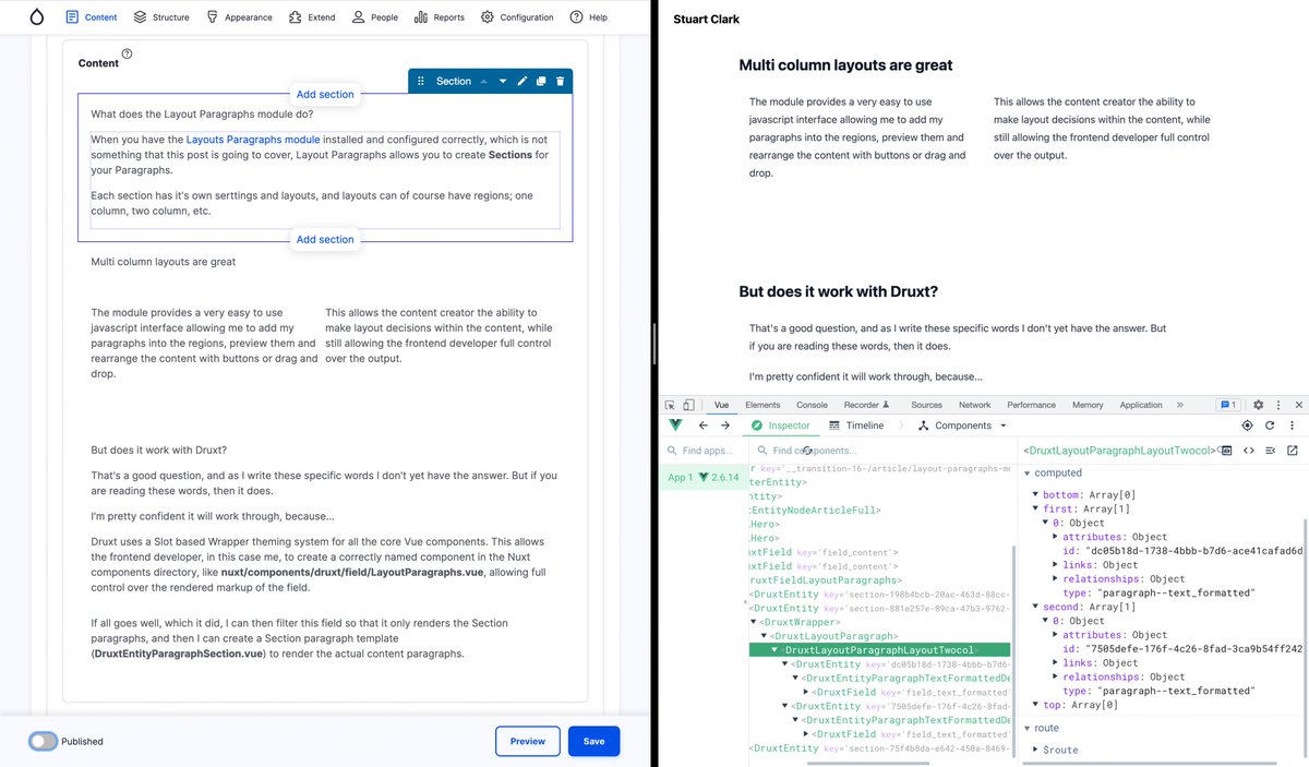 Teaser of the <a href="/DruxtJS/">DruxtJS</a> Layout Paragraphs (drupal.org/project/layout…) integration I've been playing around with.

Makes for a lovely content creation experience.