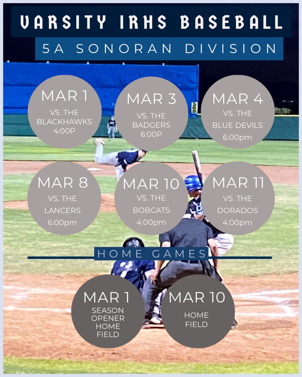 The next 2 weeks Varsity schedule, all times subject to change so be sure to view the full schedule at: azpreps365.com/teams/baseball…

#baseball #seasonopener #irhsbaseball #nighthawkstrong #nighthawkpride