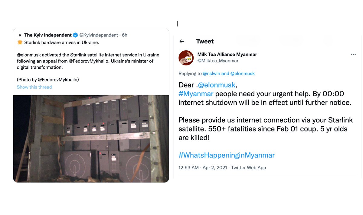 As <a href="/SpaceX/">SpaceX</a> sends hardware to Ukraine, a reminder that Myanmar revolutionaries have requested it for nearly a year.

Major uprisings will likely keep seeking out @ElonMusk as long as he's the face of satellite-based internet — and a potential way around govt-imposed shutdowns.