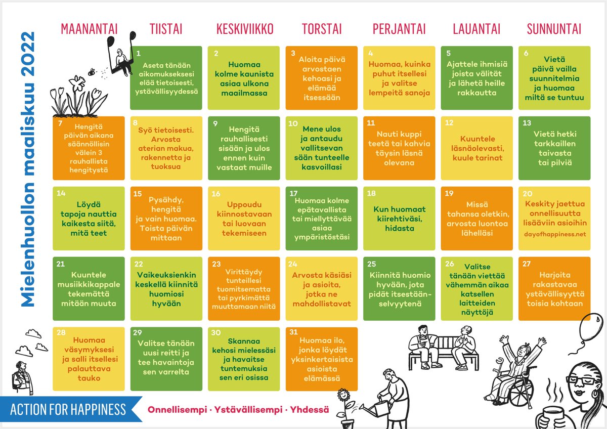 Mielet maailmanlaajuisesti huolilla täyttäneen hullun #helmikuu n lopun jälkeen tämä, mielenhuollon #maaliskuu n kalenteri, tulee todellakin tarpeeseen!

Nyt on aika tukea oman mielen hyvinvointia ja etsiä tietoisesti pieniäkin ilon aiheita.

Saa jakaa!
#Mielenhuollonmaaliskuu