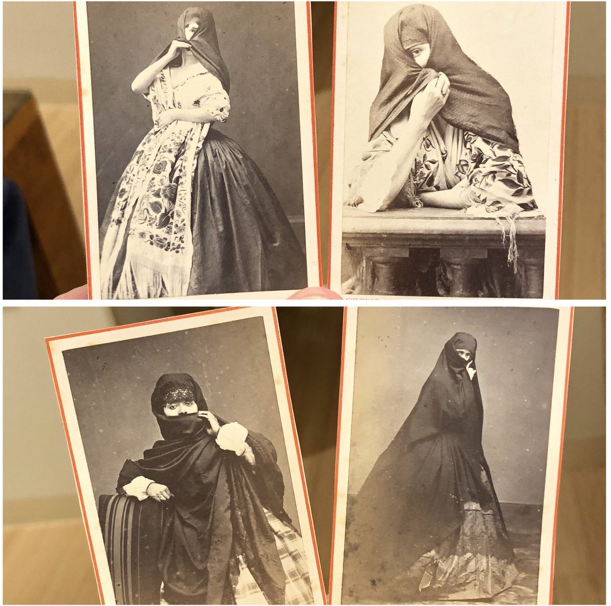 jaybirdsatx's tweet photo. 4 photographs of Tapada limeña veiled women of Lima Peru, circa 1870. #PeruvianHistory https://t.co/6CwCaHxGuB