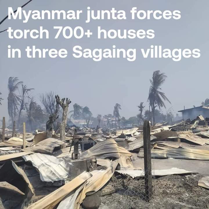 Thant5ym's tweet photo. More than 700 houses have been set on fire within two days in three Myanmar villages, including Gwe Bin Kone, in Shwebo township, Sagaing region. Residents of Hna Ma Sar Yit village said more than 500 houses were destroyed in a fire after the military entered the village. https://t.co/uW81CIqb0y