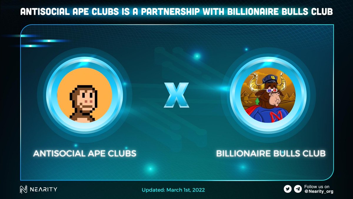 Nearity_org's tweet photo. 📢 @ASAC_NFT is a partnership with @BullsNear

#AntisocialApeClubs allows ASAC holders ACCESS to select early-stage investment rounds within the investment DAO 🤩

🔷 Hold $ASAC = Invest in Seed Rounds

#Neari #NEAR $NEAR https://t.co/5cPaS7eRyy
