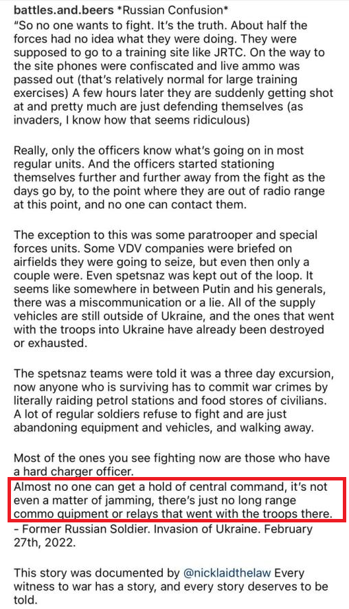 For the 1st time in a modern conflict, the regular forces of Russia are communicating without digital mode, making them fully audible by everyone. A story documented by Nicholas Laidlaw ( https://www.instagram.com/nicklaidthelaw/ ) might explain that the cause would be bad logisitic preparation.