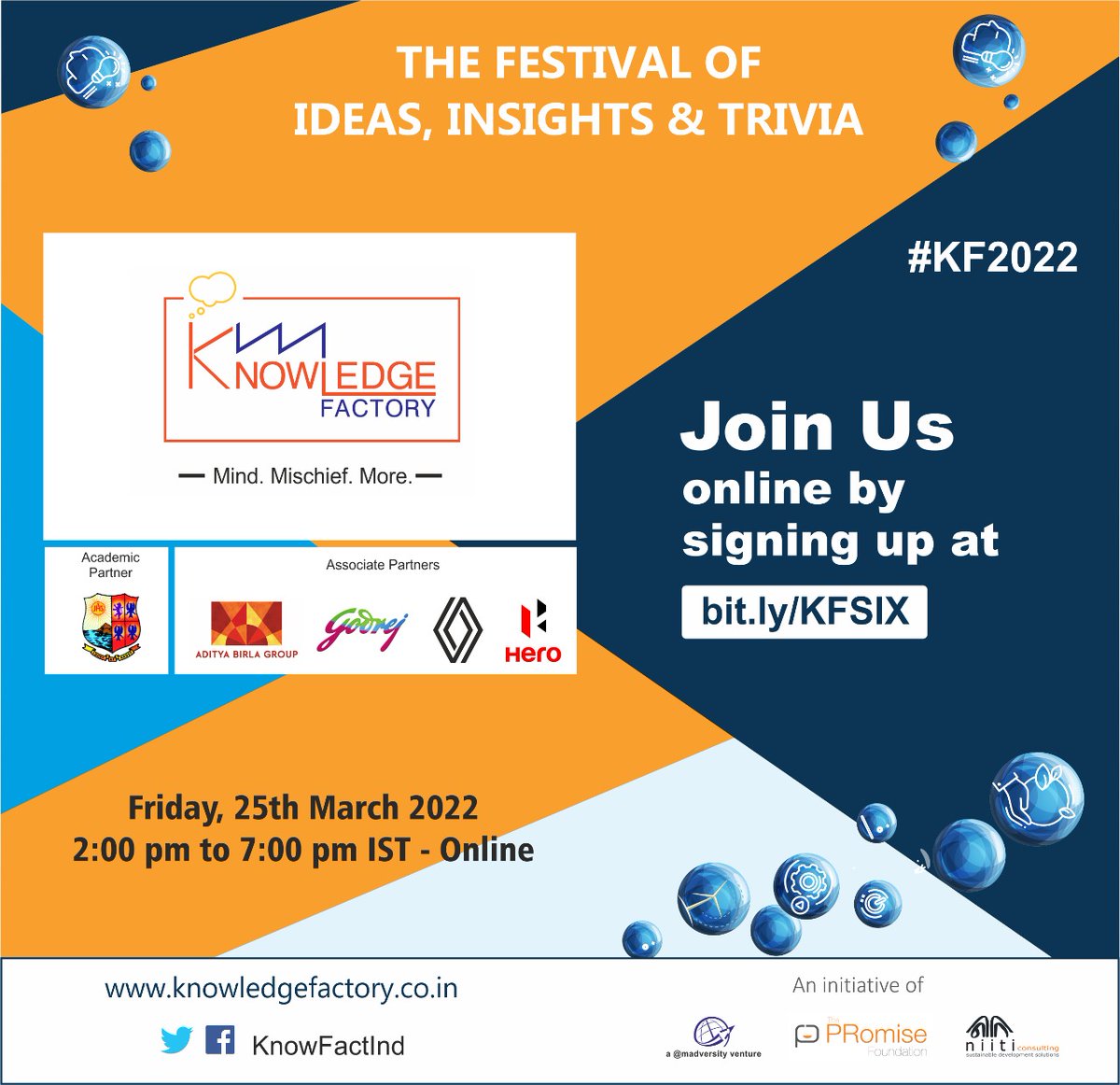 KnowFactInd's tweet photo. We are thrilled to announce the sixth edition of Knowledge Factory which will take place online on 25th March, 2022. Sign up today at https://t.co/LGjkfLzWq2
#kf2022 #kf6 https://t.co/I6g16PqsAd